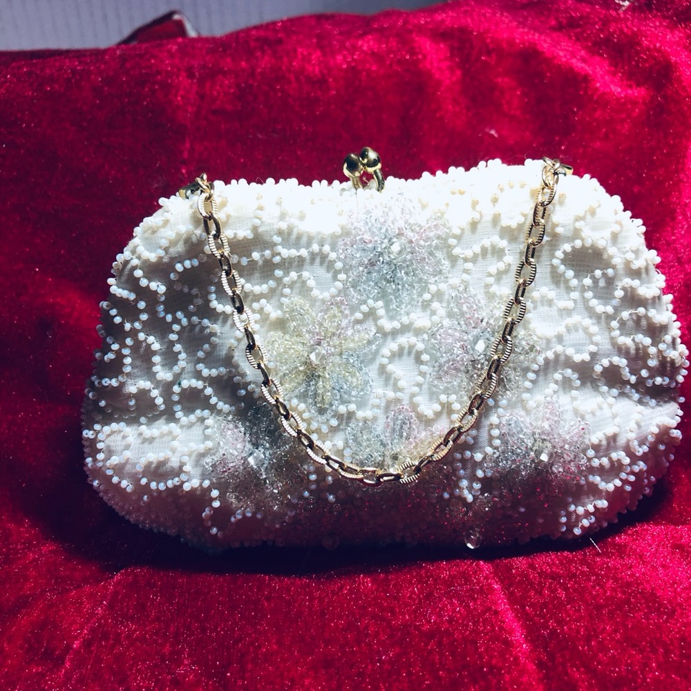Antique vintage small white beaded handbag.